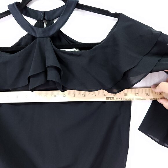 Alice + Olivia Silk Halter Top Size XS Cold Shoulder Ruffle Blouse Black - Picture 7 of 12